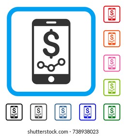 Mobile Sales Report icon. Flat grey iconic symbol inside a light blue rounded frame. Black, gray, green, blue, red, orange color variants of Mobile Sales Report vector. Designed for web and app UI.