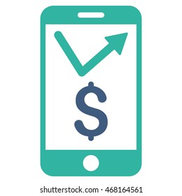 Mobile Sales Report icon. Vector style is bicolor flat iconic symbol with rounded angles, cobalt and cyan colors, white background.