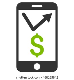 Mobile Sales Report icon. Vector style is bicolor flat iconic symbol with rounded angles, eco green and gray colors, white background.