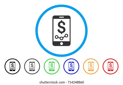 Mobile Sales Report icon. Vector illustration style is a flat iconic mobile sales report grey rounded symbol inside light blue circle with black, gray, green, blue, red, orange color variants.