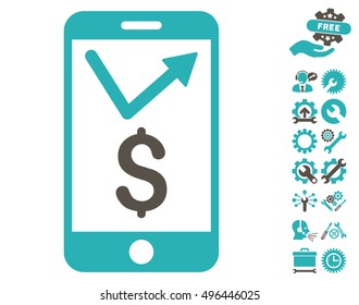 Mobile Sales Report pictograph with bonus tools pictograph collection. Vector illustration style is flat iconic bicolor symbols, grey and cyan colors, white background.