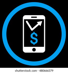Mobile Sales Report rounded icon. Vector illustration style is flat iconic bicolor symbol, blue and white colors, black background.