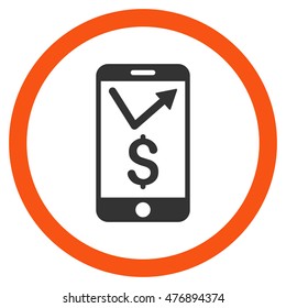 Mobile Sales Report vector bicolor rounded icon. Image style is a flat icon symbol inside a circle, orange and gray colors, white background.