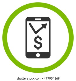 Mobile Sales Report vector bicolor rounded icon. Image style is a flat icon symbol inside a circle, eco green and gray colors, white background.