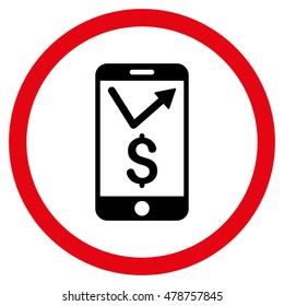 Mobile Sales Report vector bicolor rounded icon. Image style is a flat icon symbol inside a circle, intensive red and black colors, white background.