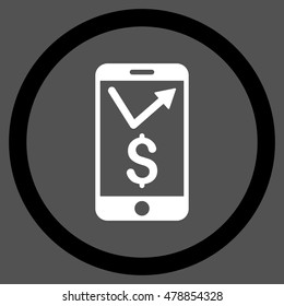 Mobile Sales Report vector bicolor rounded icon. Image style is a flat icon symbol inside a circle, black and white colors, gray background.