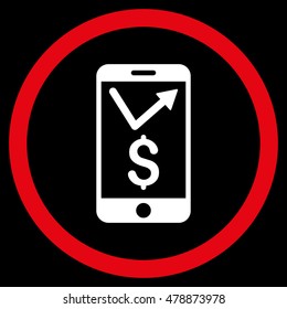 Mobile Sales Report vector bicolor rounded icon. Image style is a flat icon symbol inside a circle, red and white colors, black background.