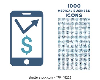 Mobile Sales Report vector bicolor icon with 1000 medical business icons. Set style is flat pictograms, cyan and blue colors, white background.