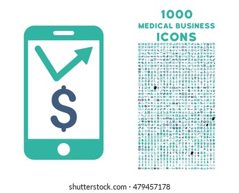 Mobile Sales Report vector bicolor icon with 1000 medical business icons. Set style is flat pictograms, cobalt and cyan colors, white background.