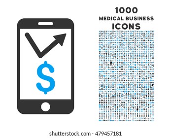 Mobile Sales Report vector bicolor icon with 1000 medical business icons. Set style is flat pictograms, blue and gray colors, white background.