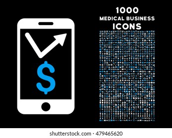 Mobile Sales Report vector bicolor icon with 1000 medical business icons. Set style is flat pictograms, blue and white colors, black background.