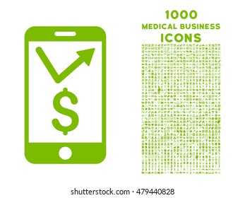 Mobile Sales Report vector icon with 1000 medical business icons. Set style is flat pictograms, eco green color, white background.