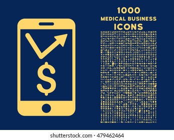 Mobile Sales Report vector icon with 1000 medical business icons. Set style is flat pictograms, yellow color, blue background.
