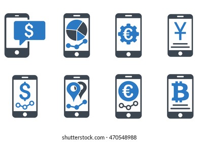 Mobile Sales Report vector icons. Icon style is bicolor smooth blue flat symbols with rounded angles on a white background.