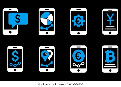 Mobile Sales Report vector icons. Pictogram style is bicolor blue and white flat icons with rounded angles on a black background.