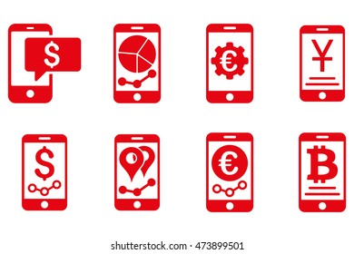 Mobile Sales Report vector icons. Pictogram style is red flat icons with rounded angles on a white background.