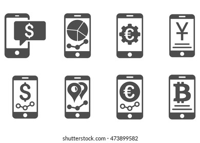 Mobile Sales Report vector icons. Pictogram style is gray flat icons with rounded angles on a white background.