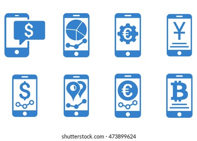 Mobile Sales Report vector icons. Pictogram style is cobalt flat icons with rounded angles on a white background.