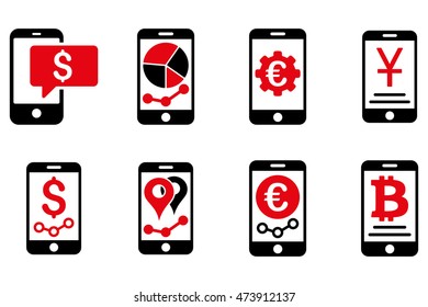 Mobile Sales Report vector icons. Pictogram style is bicolor intensive red and black flat icons with rounded angles on a white background.