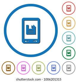 Mobile save data flat color vector icons with shadows in round outlines on white background