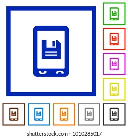 Mobile save data flat color icons in square frames on white background