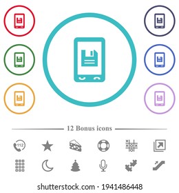 Mobile save data flat color icons in circle shape outlines. 12 bonus icons included.