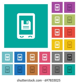 Mobile save data multi colored flat icons on plain square backgrounds. Included white and darker icon variations for hover or active effects.