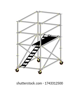 Mobile scaffolding, white background, used in construction areas.