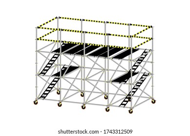 Mobile scaffolding, white background, used in construction areas.