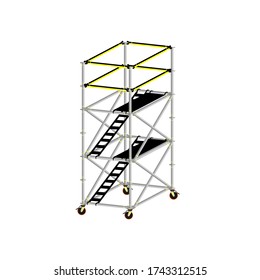 Mobile scaffolding, white background, used in construction areas.