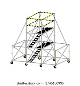 Mobile scaffolding, white background, used in construction areas.