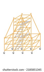 Mobile scaffolding, white background, used in construction areas.