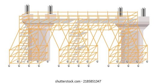 Mobile scaffolding, white background, used in construction areas.
