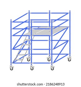 Mobile scaffolding, white background, used in construction areas.