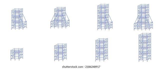 Mobile scaffolding, white background, used in construction areas.