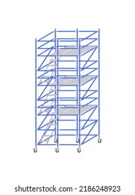 Mobile scaffolding, white background, used in construction areas.