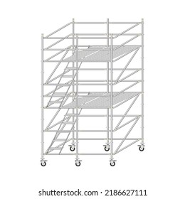 Mobile scaffolding, white background, used in construction areas.