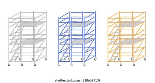 Mobile scaffolding, white background, used in construction areas.