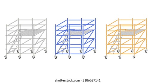 Mobile scaffolding, white background, used in construction areas.