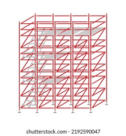 Mobile scaffolding, white background, used in construction areas.