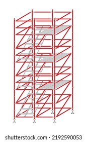 Mobile scaffolding, white background, used in construction areas.