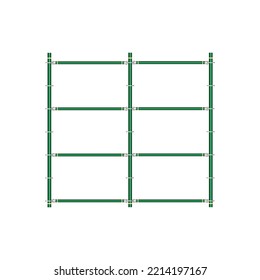 Mobile scaffolding, white background, used in construction areas.