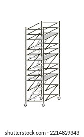 Mobile scaffolding, white background, used in construction areas.