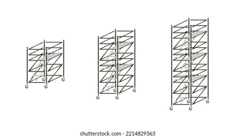Mobile scaffolding, white background, used in construction areas.