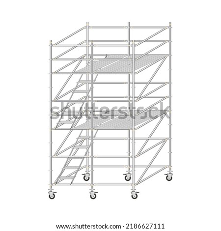 Mobile scaffolding, white background, used in construction areas.