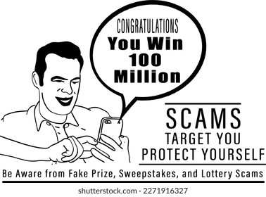 Mobile Scam Alert illustration, Phone lottery scam, Fake Prize, Sweepstakes, and Lottery Scams Awareness poster, Sketch drawing of man got massage of scam winning lottery