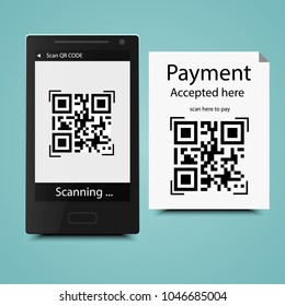 mobile scan QR code on paper accepted here, smartphone scanning qr code interface.technology and business concept