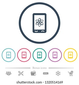 Mobile science flat color icons in round outlines. 6 bonus icons included.