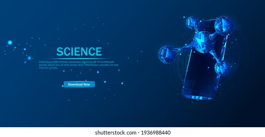 Plantilla vectorial de pancarta de baja polilla para ciencia móvil. El alambre de polos bajo vectores en forma de cielo estrellado, compuesto de puntos. Tecnología móvil científica, afiche de investigación química.