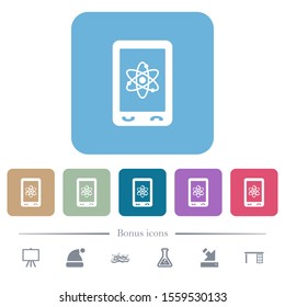 Mobile science white flat icons on color rounded square backgrounds. 6 bonus icons included